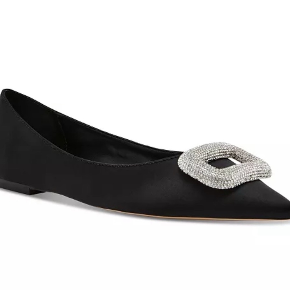 Steve Madden Black Satin Pointed Flats with Crystal Buckle Accent - Picture 2 of 2
